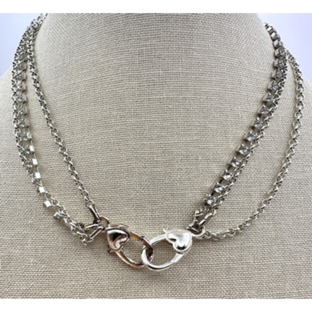 Vintage Y2K Silver Tone Clear Rhinestones Multi-Strand Chain Necklace Jewelry